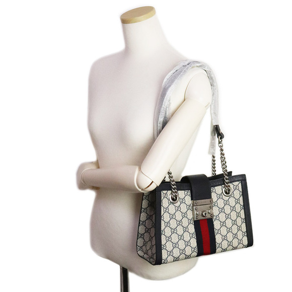 Gucci Padlock Web Stripe Chain Tote Bag GG Supreme Navy Blue - Picture 8 of 9